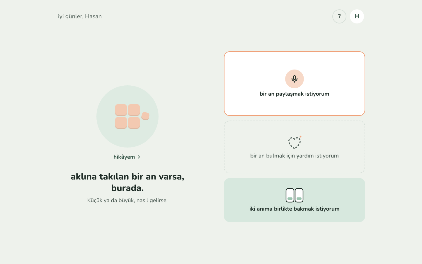 anlat's main screen on a desktop, 30-10-2026: hikâyem on the left, three boxes stacked on the right, two round buttons in the top corner