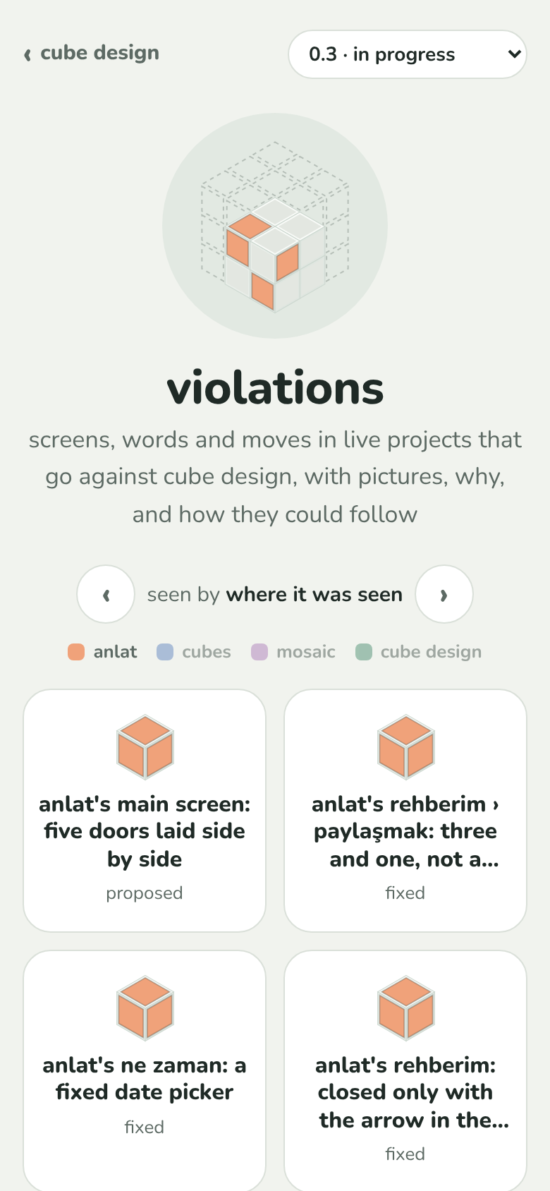 the violations cube on a phone, first build: "seen by where it was seen" between two round arrow buttons, a row of coloured names under it, and each tile with a line saying what happened to it