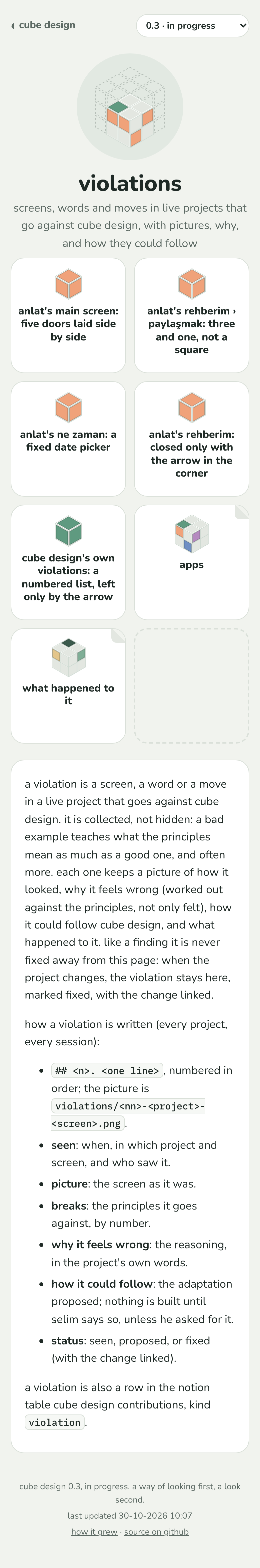 the violations cube on a phone, second build: the seven violations as tiles first, then apps and what happened to it beside them