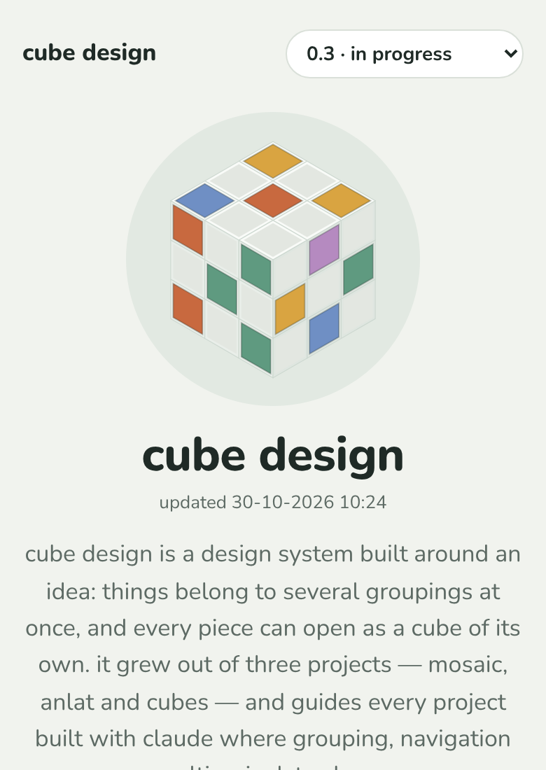 the cube design home on a phone, 30-10-2026: "0.3 · in progress" in a drop-down at the top right, above the cube