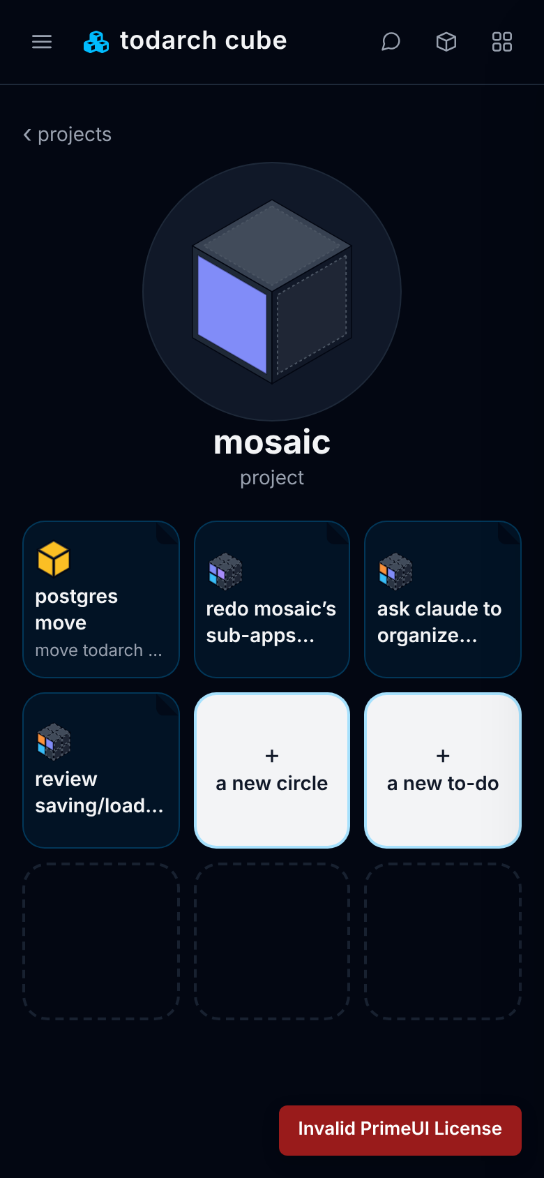 mosaic in the projects lens: postgres move, three to-dos, a new circle, a new to-do